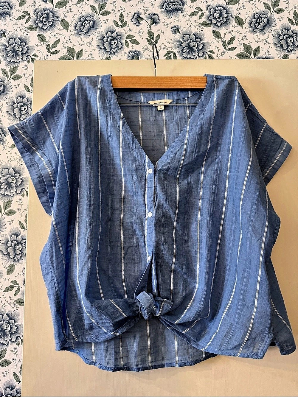 Lucky Brand Striped Tie-Front Cotton Top Blue & White Size XL